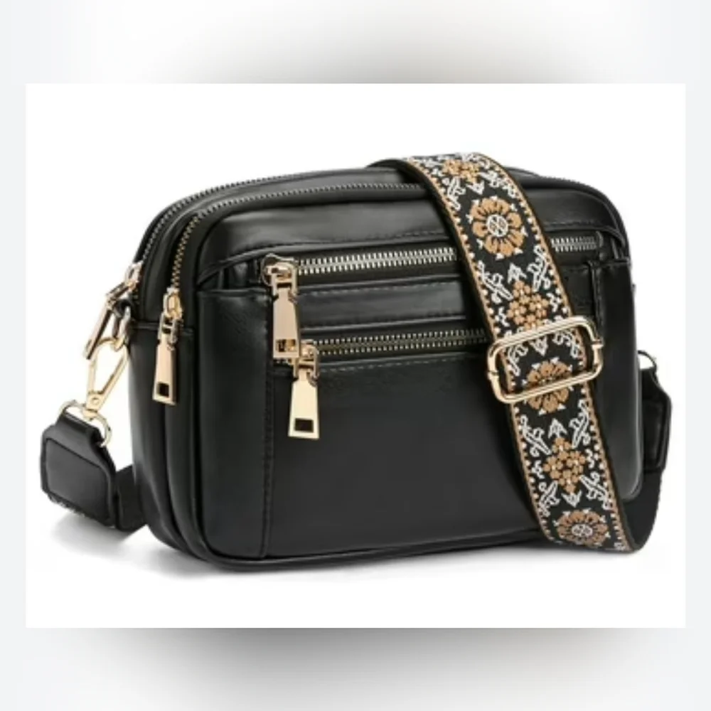 Black Faux Leather Crossbody Bag with Guitar Embroidered Strap - Picture 1 of 9